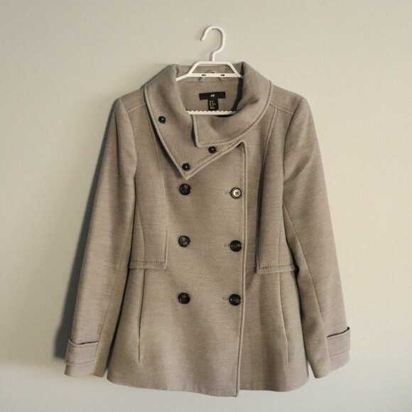 H&M Women's Grey Sz 10 Double-Breasted Lined Collared Long Sleeve Pocket Coat - Picture 1 of 15